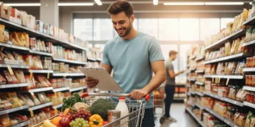 Organized shopper with a grocery list in a supermarket aisle
