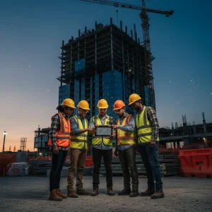 Construction workers reviewing OSHA 2026 safety protocols on a tablet.