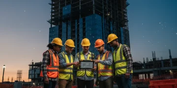 Construction workers reviewing OSHA 2026 safety protocols on a tablet.