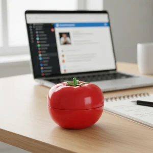 Red tomato-shaped timer on a desk, symbolizing the Pomodoro Technique for focused work.