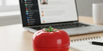Red tomato-shaped timer on a desk, symbolizing the Pomodoro Technique for focused work.