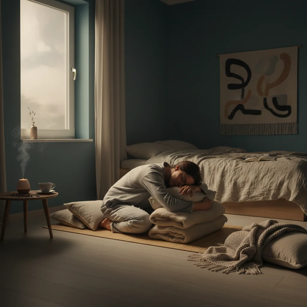 Person performing gentle pre-sleep stretches in a dimly lit, calming room.