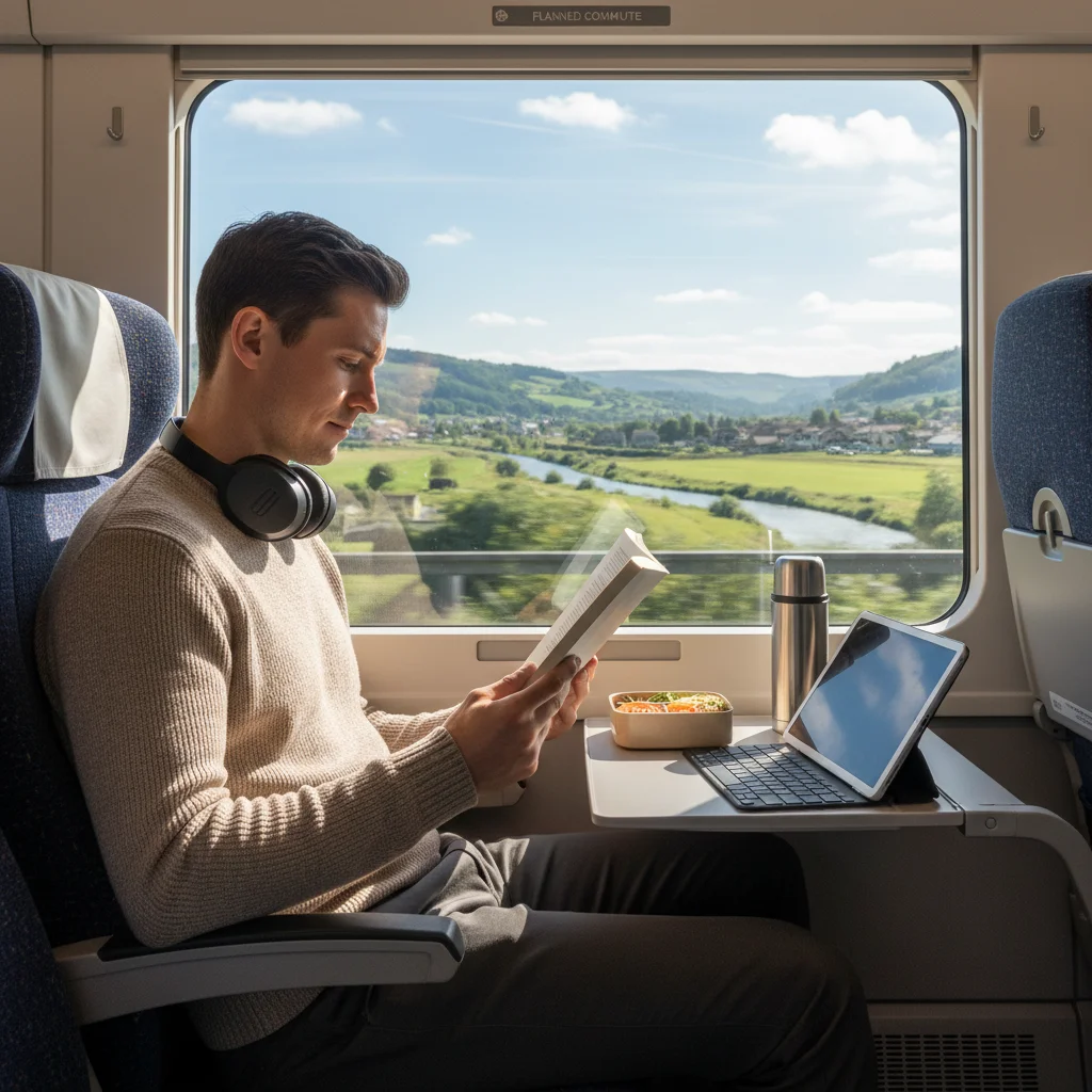 Commuter enjoying a peaceful ride on public transport, reading a book