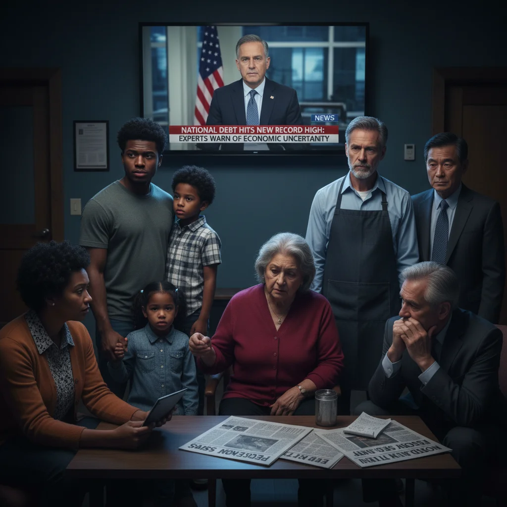 Concerned Americans watching news about national debt, illustrating public impact.