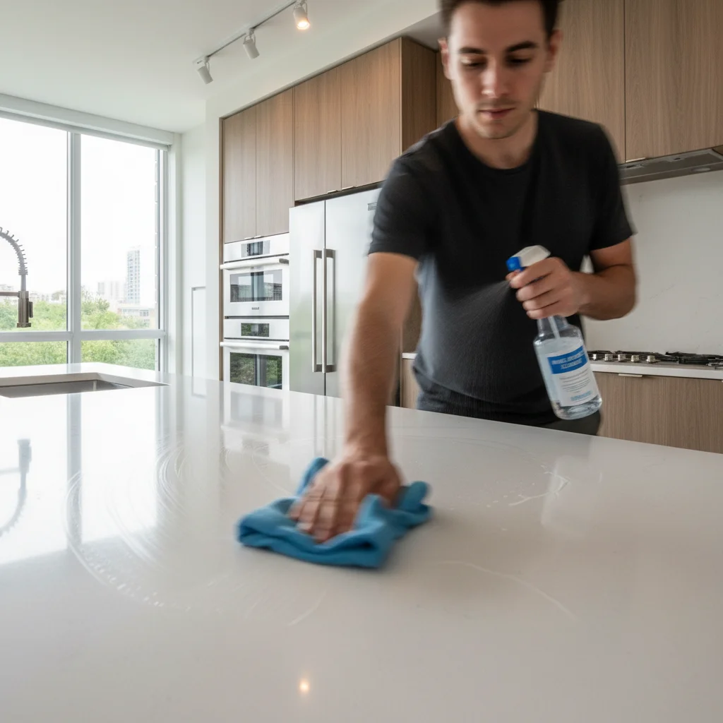 Person quickly wiping a kitchen counter with a spray and cloth, demonstrating a fast cleaning technique.