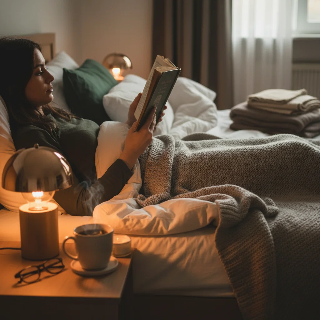 Person reading a physical book with warm lamp light and herbal tea before bed.