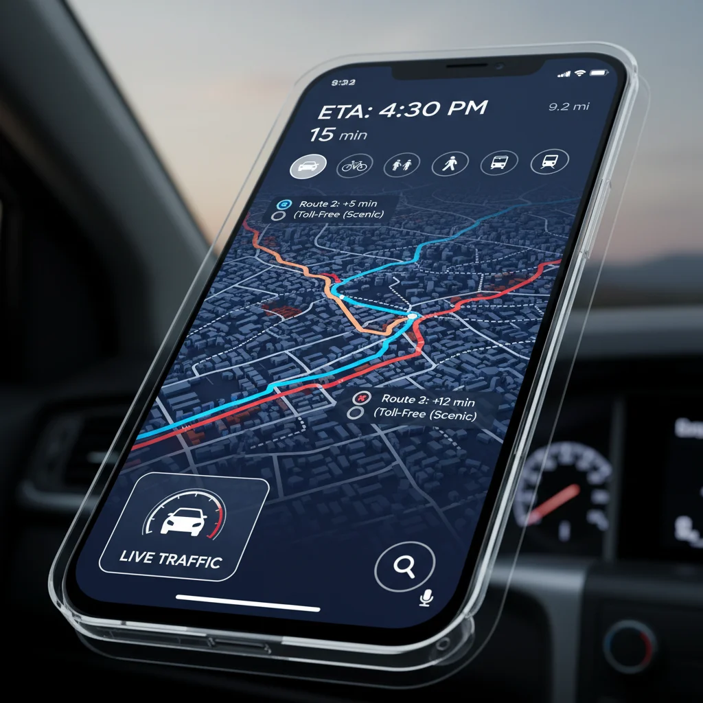 Navigation app displaying real-time traffic and optimized routes