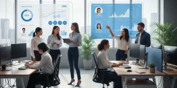 Professionals collaborating on recruitment strategies in a modern office