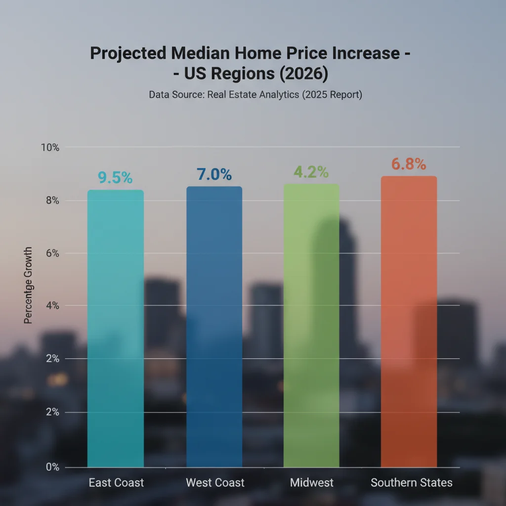Bar chart illustrating regional median home price increases across different US regions for 2026.