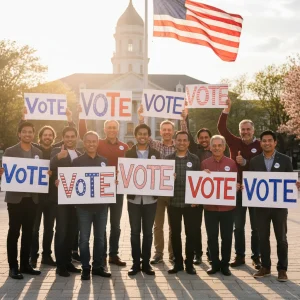 Diverse group of citizens encouraging voter registration for 2026 elections.