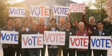 Diverse group of citizens encouraging voter registration for 2026 elections.