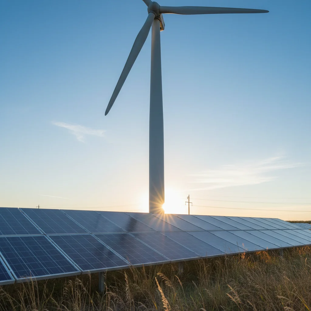 Wind turbine and solar panels symbolizing renewable energy growth