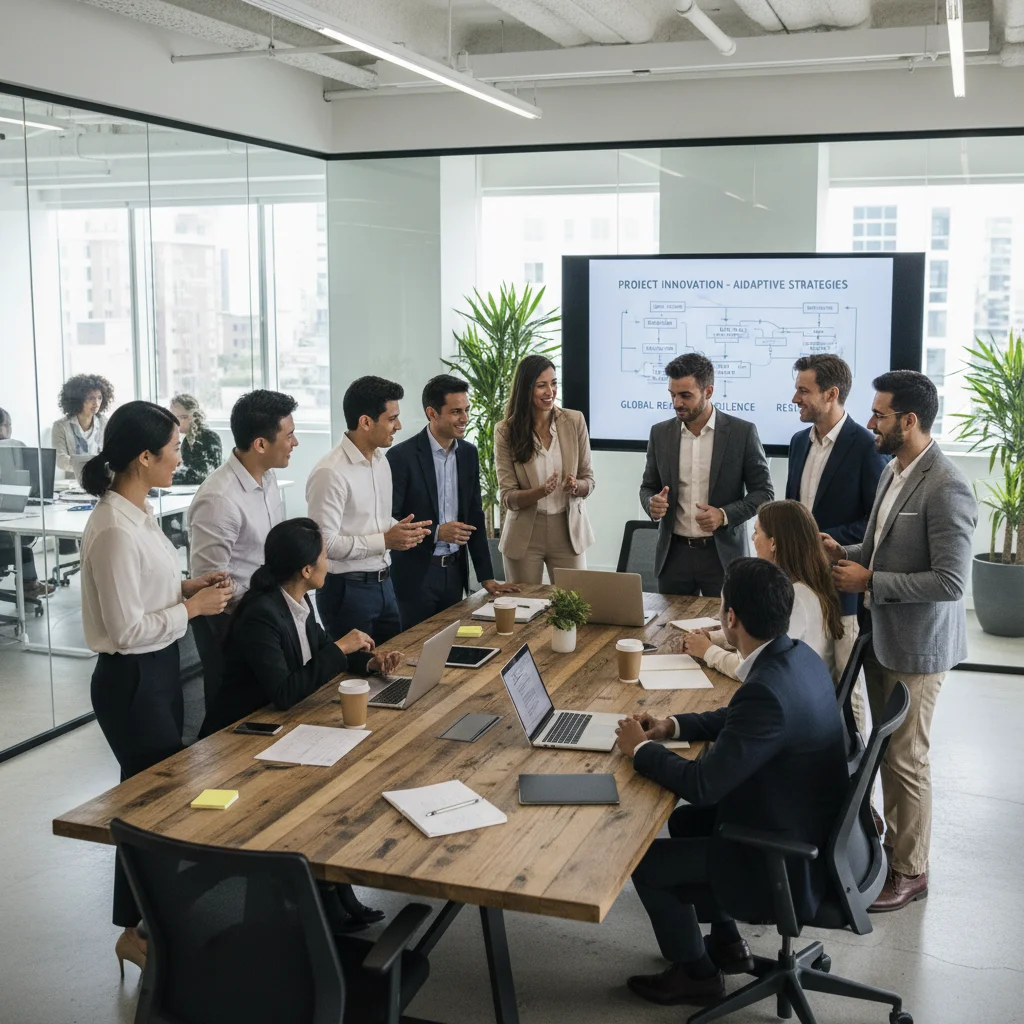 Diverse professionals collaborating in a modern office environment.