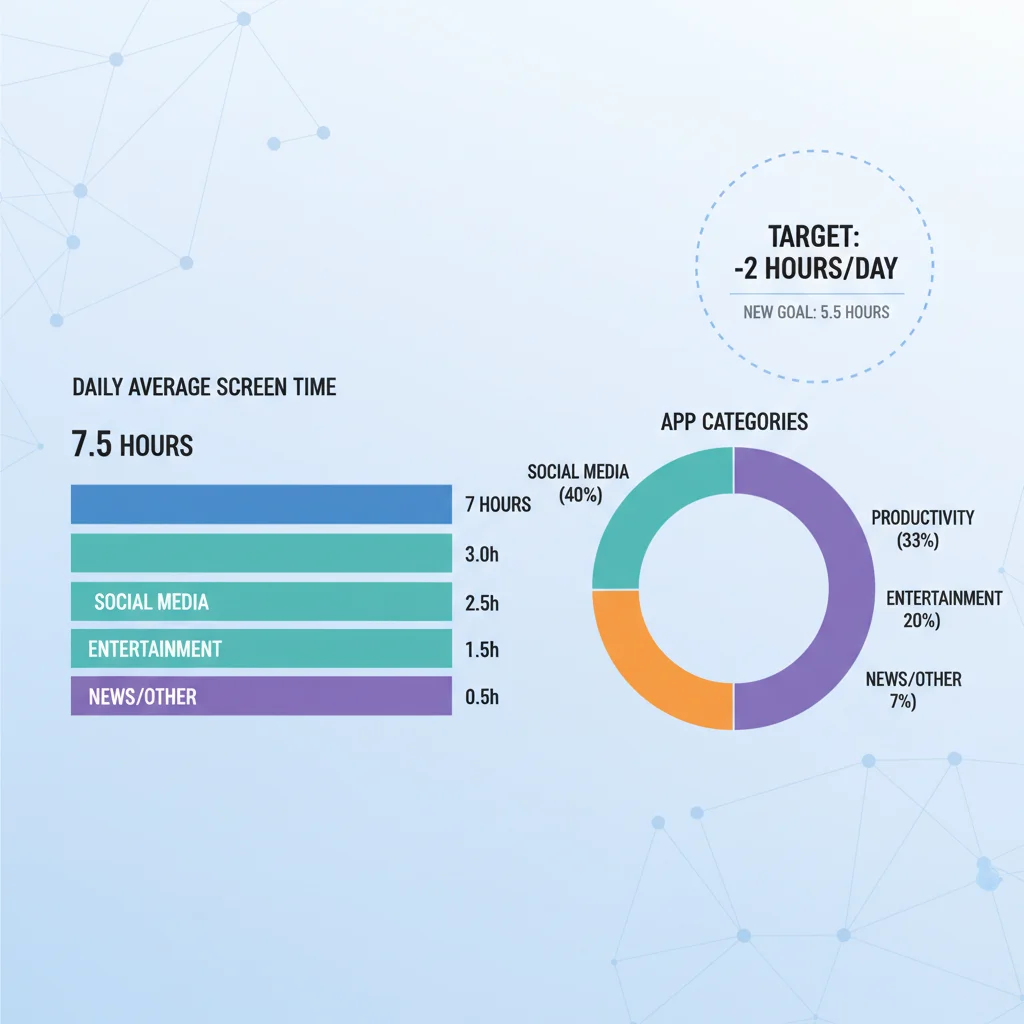 Infographic showing average daily screen time breakdown and reduction goals.