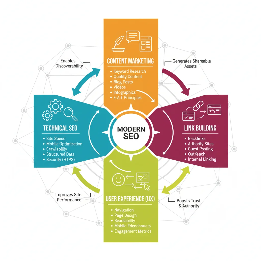 Infographic illustrating the core pillars of a comprehensive SEO strategy