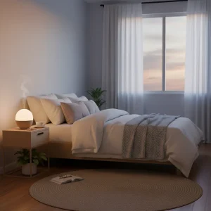 Serene bedroom at dusk with warm lighting, signaling a peaceful sleep environment.
