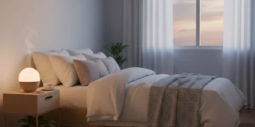 Serene bedroom at dusk with warm lighting, signaling a peaceful sleep environment.