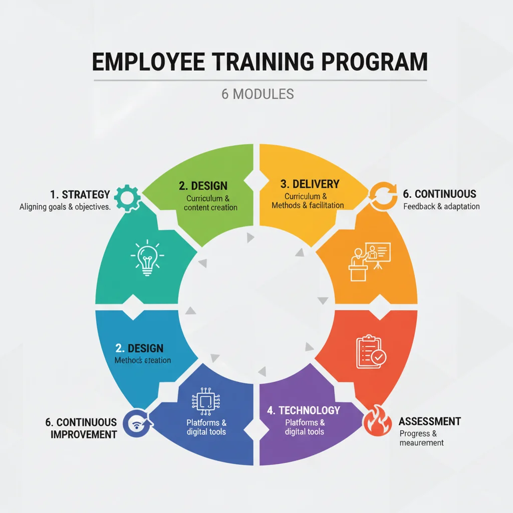 Infographic detailing the 6 modules of a comprehensive employee training program.