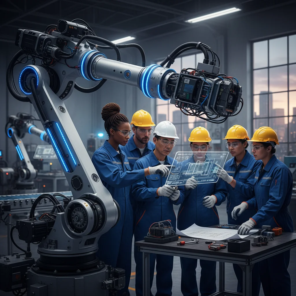 Skilled technicians and engineers collaborating in a modern manufacturing plant.