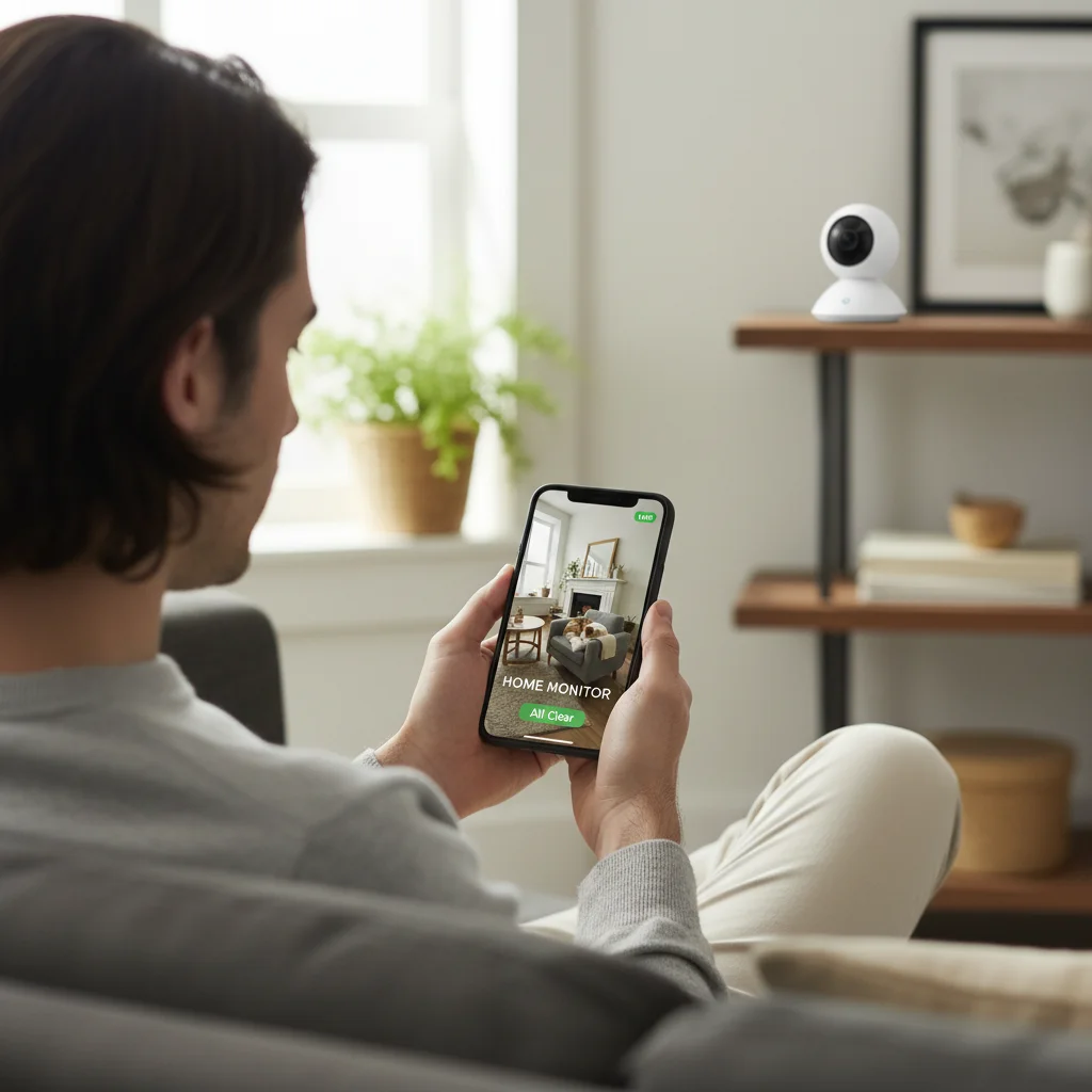 Person checking live feed from an indoor smart security camera on a smartphone, ensuring home safety.
