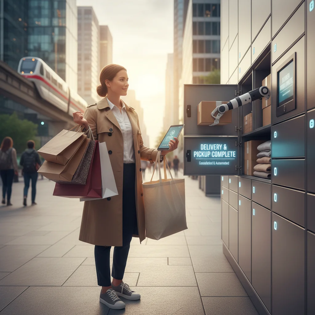 Person with shopping bags using a smart locker for consolidated deliveries, illustrating efficient errand completion.