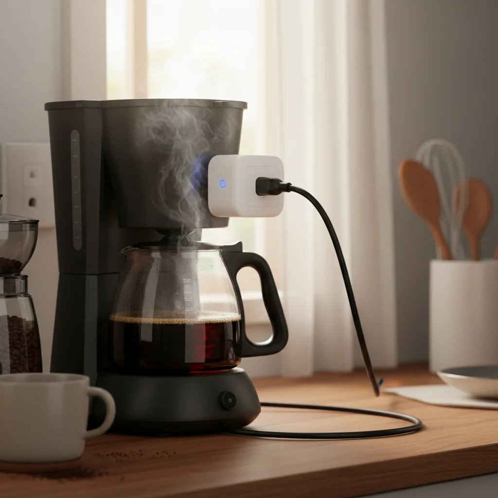 Smart plug connected to a coffee maker, demonstrating automation and convenience in the kitchen.