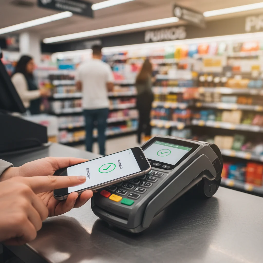 Consumer using smartphone for contactless payment at retail store