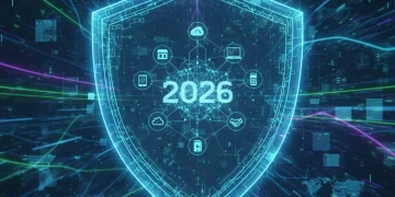 Digital shield protecting a small and medium enterprise network in 2026, symbolizing robust data security practices.