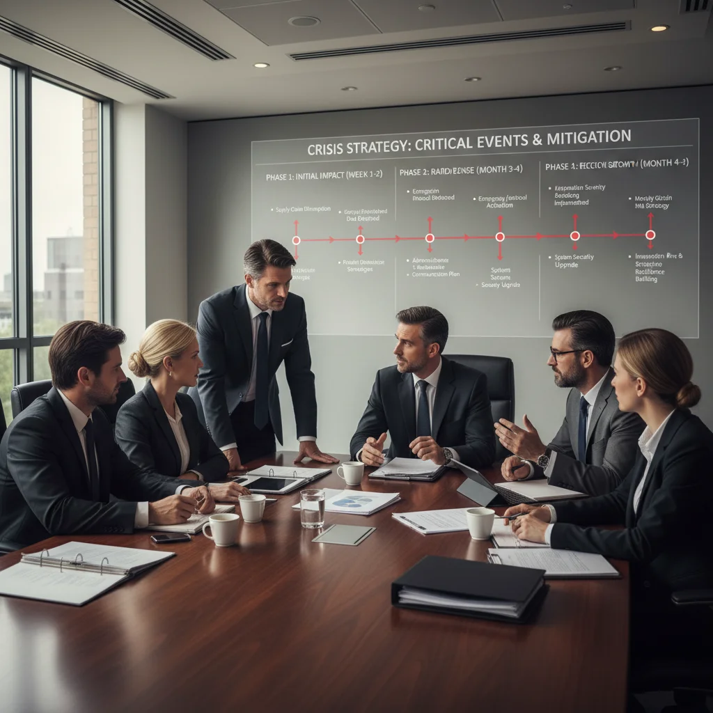 Executives making strategic decisions during business crisis