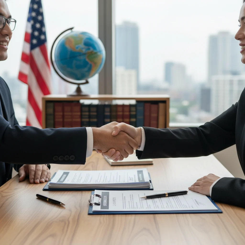 Sponsor and applicant shaking hands over immigration documents