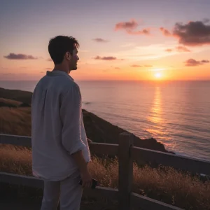 Person enjoying sunset, consciously reducing screen time, promoting digital wellbeing.