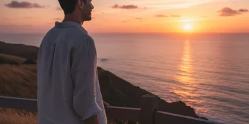Person enjoying sunset, consciously reducing screen time, promoting digital wellbeing.