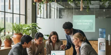 Business professionals planning sustainable strategies in an eco-friendly office