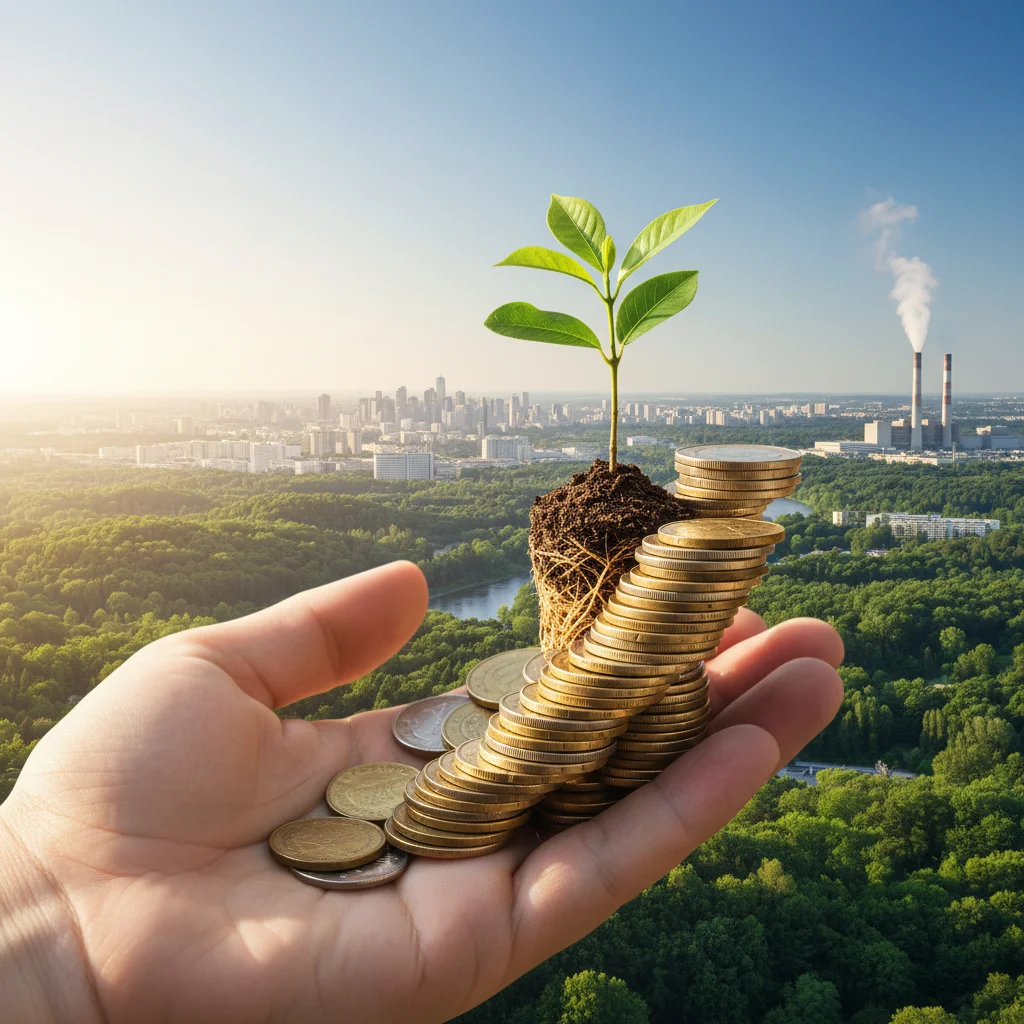 Hand holding a sapling from coins, symbolizing sustainable investment and growth