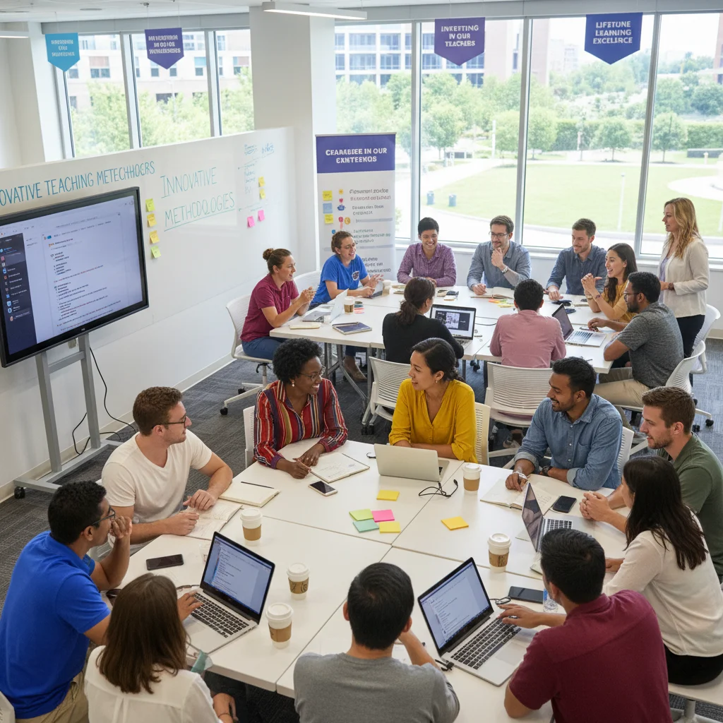 Diverse educators in a professional development workshop, enhancing teaching skills