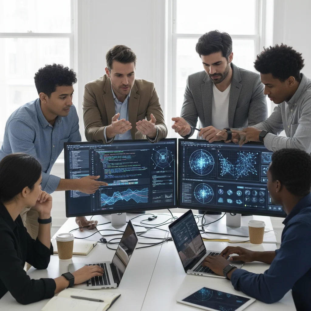 Employees collaborating and training on new AI software for improved business processes.
