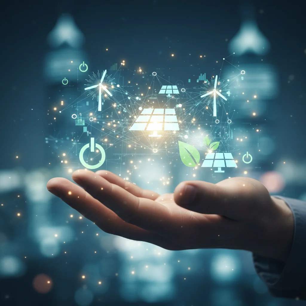 Hand holding holographic data and renewable energy symbols, representing tech and green energy growth.