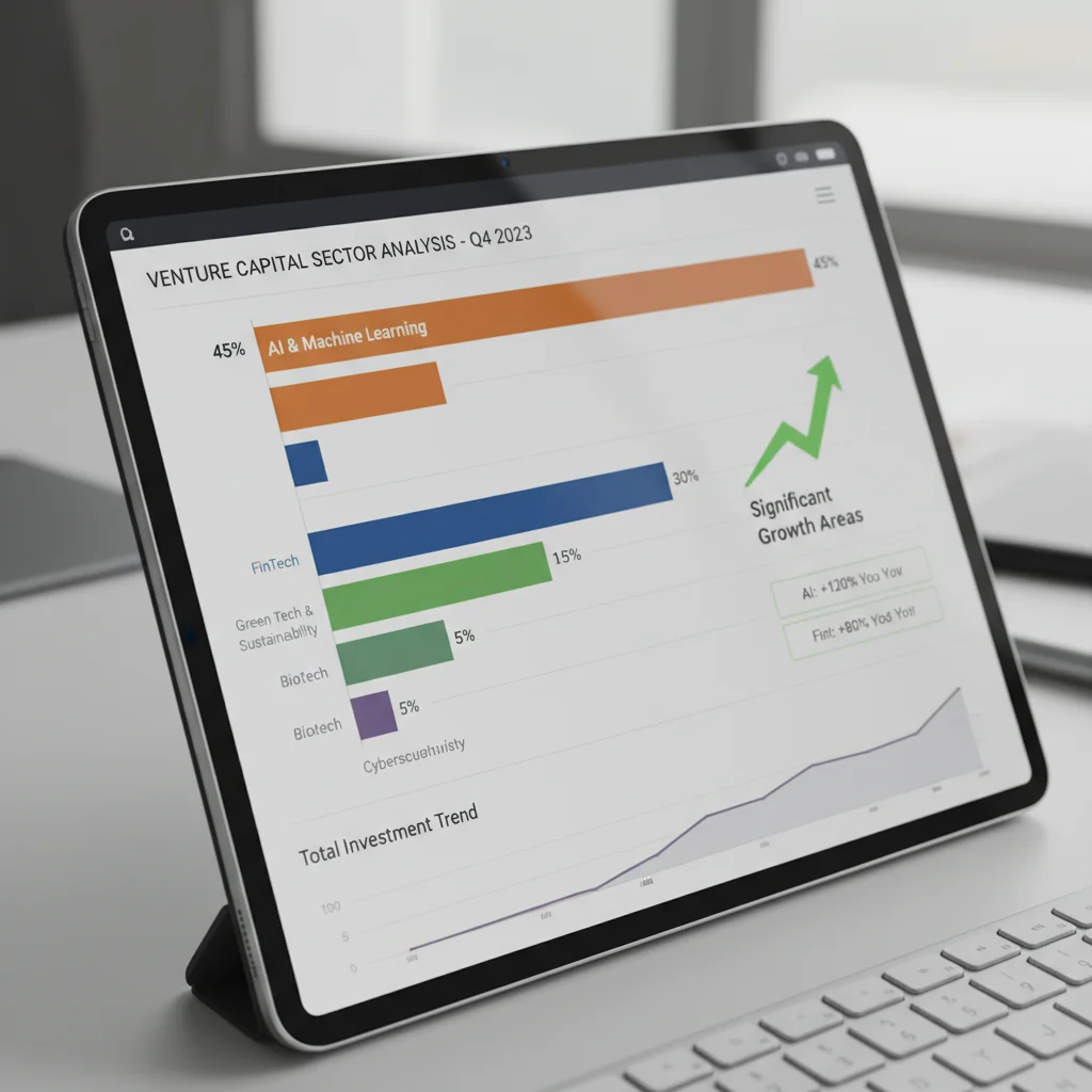 Digital tablet showing a detailed financial report of venture capital investments across tech sub-sectors.