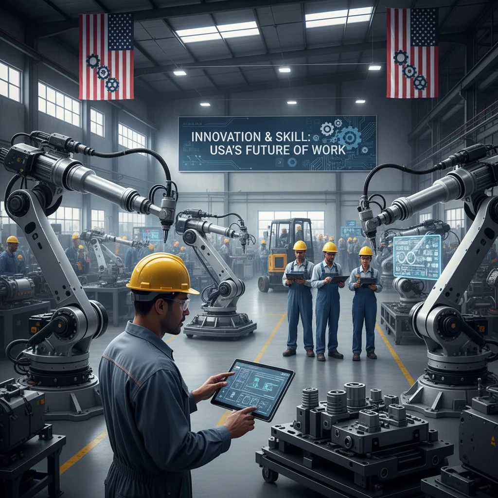 Robotics and human workers collaborating in a modern factory setting.
