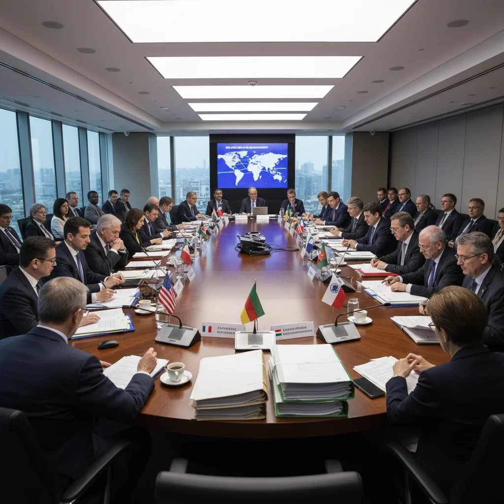 International trade negotiators discussing agreements in a formal conference setting.