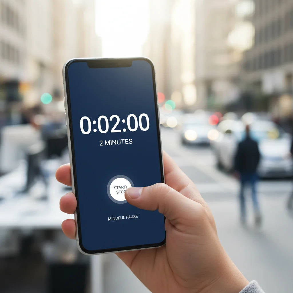 Hand holding a 2-minute timer, symbolizing quick mindfulness breaks for stress relief.