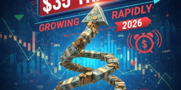Illustration of U.S. national debt approaching $35 trillion by 2026, with upward trending graphs.
