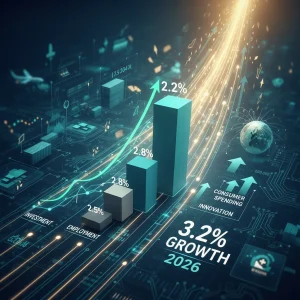 U.S. Economic Outlook 2026: Key Indicators Pointing to 3.2% GDP Growth Infographic showing projected 3.2% US GDP growth for 2026 with key economic indicators.
