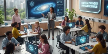 Students and teachers in a modern classroom, symbolizing future US education with federal funding