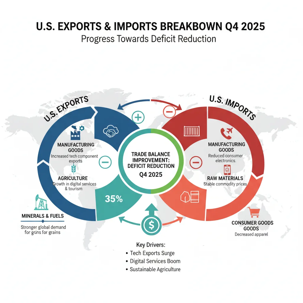 Infographic detailing U.S. exports and imports by category in Q4 2025, illustrating trade balance components.