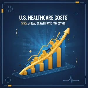 US Healthcare Spending: 5.5% Annual Growth Projected Through 2028 Infographic showing projected 5.5% annual growth in US healthcare spending through 2028, with rising cost indicators.