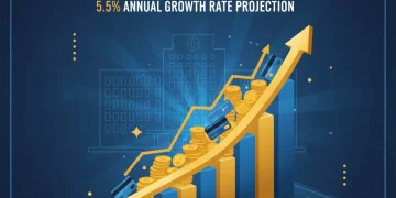 Infographic showing projected 5.5% annual growth in US healthcare spending through 2028, with rising cost indicators.