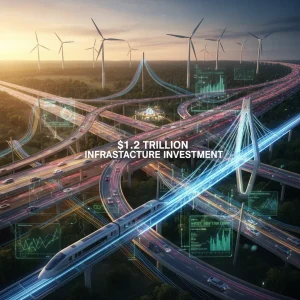 Modern infrastructure projects including highways, bridges, and renewable energy, symbolizing the U.S. Infrastructure Bill's $1.2 trillion allocation.