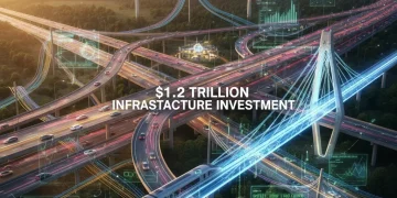 Modern infrastructure projects including highways, bridges, and renewable energy, symbolizing the U.S. Infrastructure Bill's $1.2 trillion allocation.