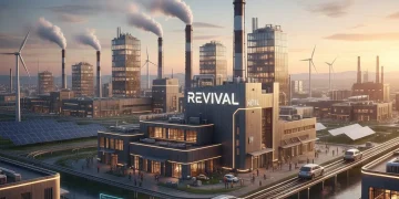 Industrial complex with factory buildings and smokestacks at sunrise, representing U.S. manufacturing growth.